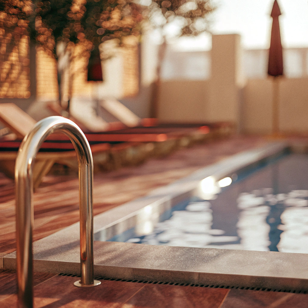 Close-up of pool ladder with warm lighting and wooden decking